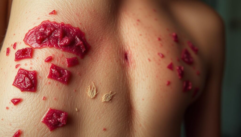 A detailed close-up of a person's dry, irritated skin after vigorous dry brushing, showcasing the potential risks and dangers of this beauty trend. The foreground displays angry-looking red marks, abrasions, and tiny cuts on the skin's surface, while the middle ground reveals the skin's underlying inflammation and sensitivity. The background is hazy, evoking a sense of discomfort and unease. The lighting is harsh, emphasizing the skin's damaged and distressed state. The overall mood is one of cautionary concern, urging viewers to consider the potential downsides of this popular but potentially harmful practice.