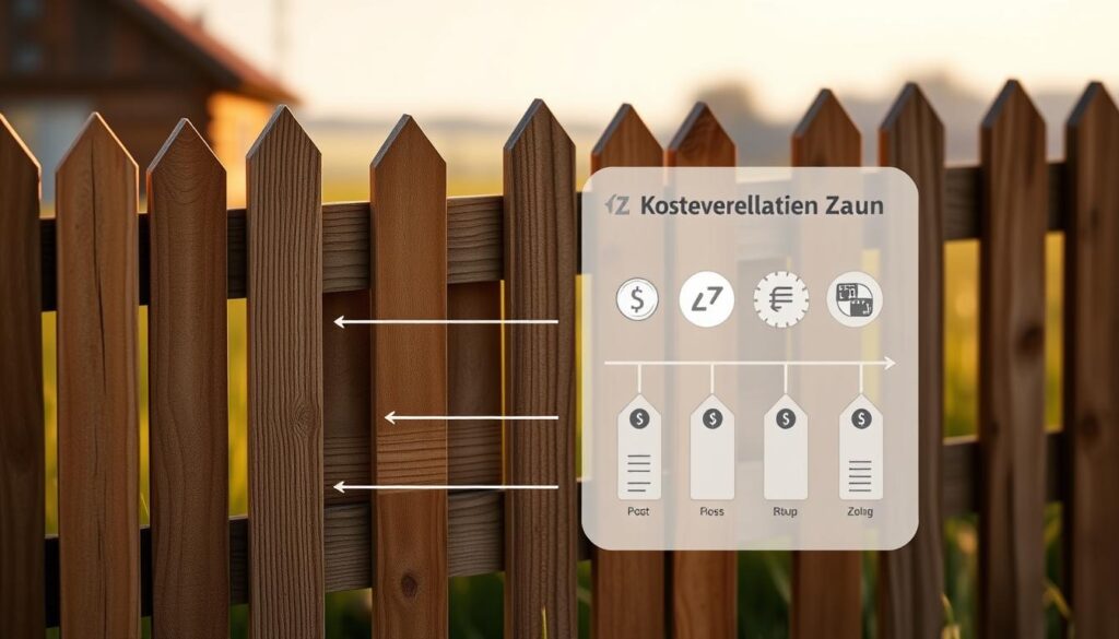A detailed close-up view of a wooden fence panel, showcasing the cost breakdown for its construction. The foreground features a meticulously rendered cross-section, revealing the internal structure and materials - wooden posts, horizontal rails, and vertical slats. The middle ground showcases a range of cost icons, such as dollar signs, coins, and price tags, illustrating the individual expenses involved. The background blurs softly, hinting at a pastoral countryside setting, with a subtle warm lighting that casts gentle shadows across the fence. The overall composition conveys a sense of practicality and financial transparency, visually communicating the "Einfriedungspflicht" and "Kostenverteilung Zaun" concepts.