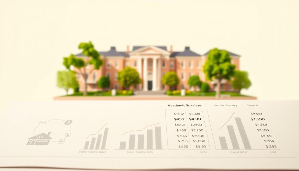 A detailed cost overview for academic support services, featuring a clean, modern layout with minimalist design elements. The foreground showcases various financial icons and graphs, conveying the data-driven nature of the topic. The middle ground depicts a serene university campus setting, with stylized buildings and lush greenery, reflecting the academic context. The background offers a soft, warm color palette, creating a professional and reassuring atmosphere. The lighting is soft and diffused, emphasizing the clarity and importance of the financial information presented. The overall composition aims to provide a visually appealing and informative representation of the costs and financing options for student academic support.