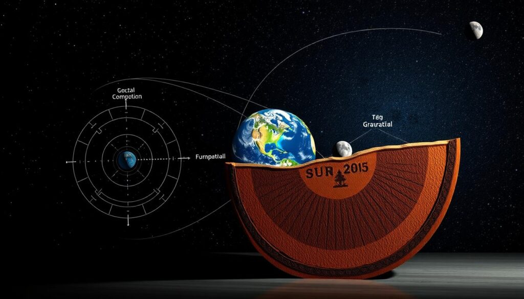A detailed cross-section illustration depicting the key factors influencing Earth's rotation, presented in a technical yet visually striking manner. In the foreground, a precise schematic shows the interplay of gravitational forces from the Sun and Moon, as well as the planet's own angular momentum. The middle ground features a globe with labeled geographic features, showcasing how the uneven distribution of land and oceans affects rotational dynamics. In the background, a starry night sky provides a cosmic context, with celestial bodies positioned to convey the passage of time. The lighting is clean and directional, casting subtle shadows that enhance the scientific precision. The overall mood is one of scientific authority and educational clarity, inviting the viewer to explore the complex mechanisms underlying the planet's daily spin.