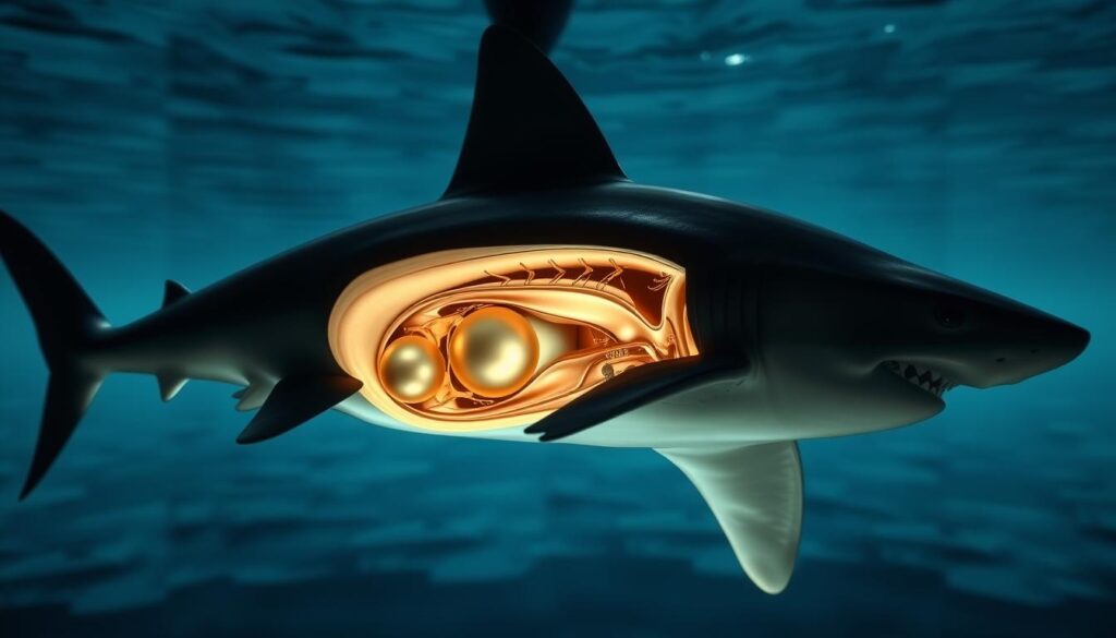 A detailed cross-section of a white shark's reproductive anatomy, illuminated by soft, natural lighting. The foreground depicts the shark's intricate internal structures, including the uterus, ovaries, and claspers. The middle ground showcases the shark's streamlined silhouette, emphasizing its hydrodynamic form. The background blends a subtle seascape, hinting at the shark's marine environment. Rendered with scientific accuracy and a sense of serene wonder, capturing the essence of the white shark's life cycle.