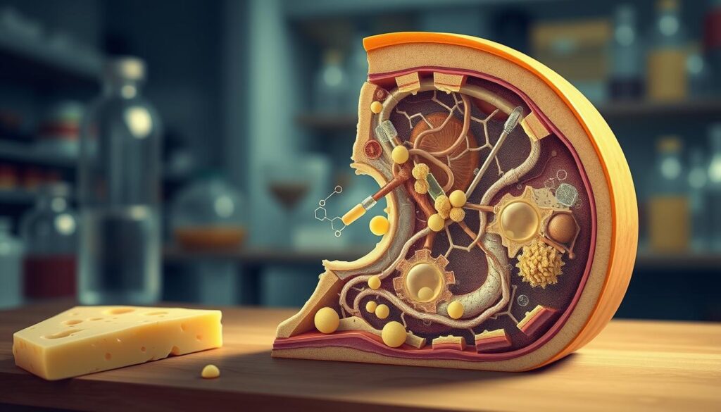 A detailed cross-section of the biochemical processes occurring during cheese consumption. Showcase the complex interplay of enzymes, microbes, and organic compounds that contribute to the flavor and digestive impact of cheese. Depict this dynamic scene with a scientific illustration style, using a muted color palette and precise anatomical details. Emphasize the foreground with a sharply focused view of the microscopic reactions, while the background fades into a blurred laboratory setting, suggesting the underlying research that uncovers these mechanisms. Capture the mood of inquiry and discovery, hinting at the potential connections between cheese consumption and sleep disturbances.