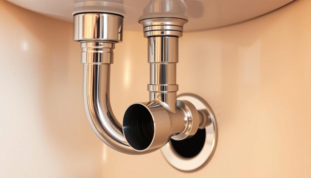 A detailed, cross-sectional view of a bathroom sink siphon in a warm, soft-lit environment. The siphon's sleek, chrome-plated pipes curve gracefully, connecting the sink basin to the drain. Subtle reflections dance across the smooth metal surface, highlighting its elegant design. The siphon's components are clearly visible, including the u-bend, the water trap, and the venting system. The overall scene conveys a sense of simplicity, functionality, and mechanical beauty, perfectly suited to illustrate the role of the siphon in maintaining a clear, unobstructed drain.