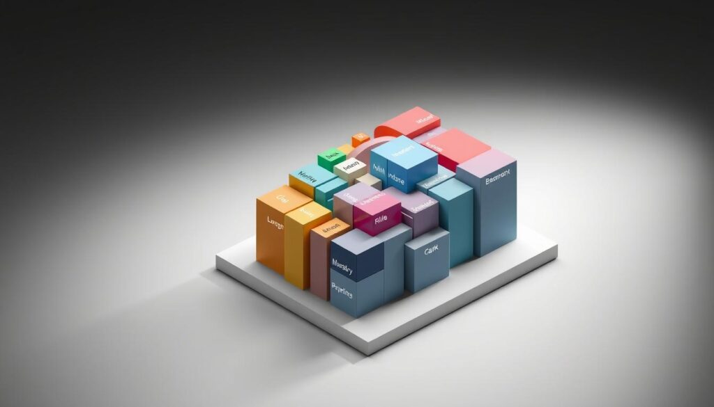 A detailed, data-driven visualization of the current MSCI World index composition. A meticulously rendered isometric view showcases the index's diverse sector allocations, with each industry segment represented as a distinct three-dimensional block. The composition is illuminated by soft, directional lighting that emphasizes the intricate geometric forms and creates a sense of depth and perspective. The background is a minimalist, monochromatic gradient that allows the index data to take center stage. The overall aesthetic is clean, modern, and highly informative, perfectly suited to illustrate the section on the MSCI World's current makeup.