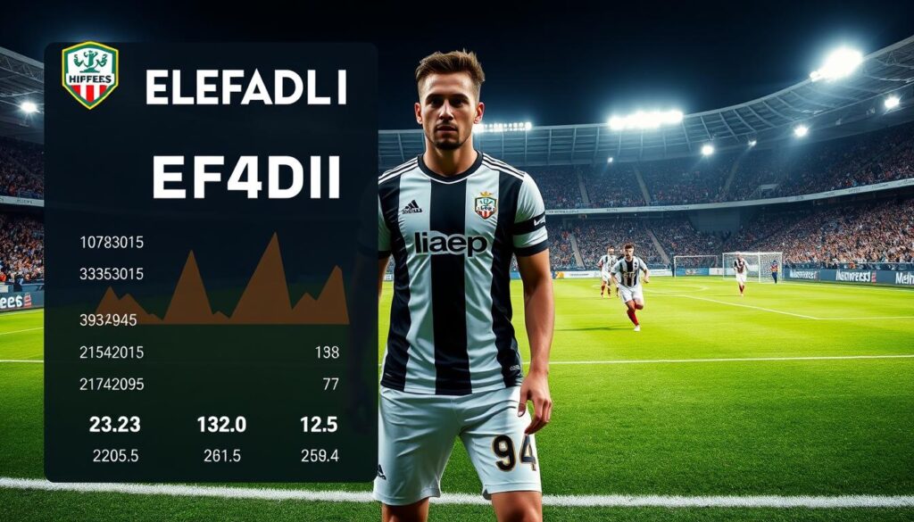 A detailed defensive statistics visualization of Elfadli, the talented HSV player, set against a stylized soccer stadium backdrop. The foreground features Elfadli's key metrics - tackles, interceptions, clearances - presented in a sleek, data-driven infographic. The middle ground showcases Elfadli's defensive prowess with dynamic player animations, while the background depicts the bustling stadium atmosphere with fans cheering and floodlights illuminating the field. The overall mood is one of analytical precision combined with the energy and excitement of the game, highlighting Elfadli's vital role in HSV's defensive setup.