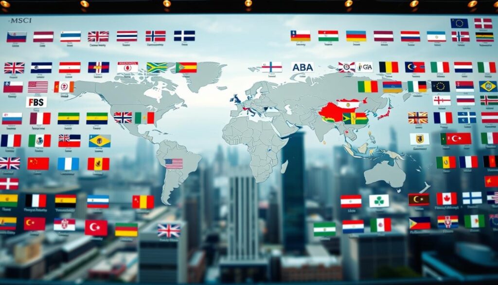 A detailed depiction of the MSCI World Index composition, captured through a high-resolution, wide-angle lens with shallow depth of field. The foreground showcases the individual components of the index, represented by a diverse array of national flags and company logos, arranged in a visually striking, yet organized manner. The middle ground presents a global map, highlighting the geographic distribution of the index constituents, while the background features a softly blurred cityscape, conveying a sense of the index's worldwide reach and significance. The image exudes a professional, informative atmosphere, suitable for illustrating the fundamentals and functionality of the MSCI World Index.