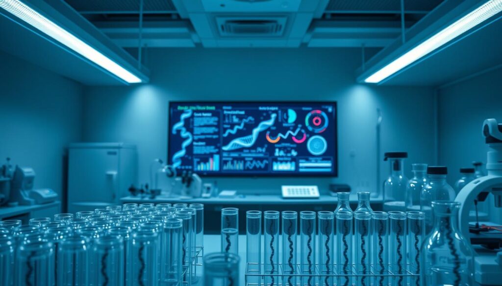 A detailed genetic analysis lab, illuminated by soft, diffused lighting. In the foreground, an array of test tubes, pipettes, and other scientific equipment, conveying the meticulous process of DNA extraction and sequencing. In the middle ground, a large touchscreen display showcases complex data visualizations and insights derived from the genetic profiles, underscoring the personalized health applications. The background features a serene, minimalist workspace, with clean lines and muted tones, allowing the scientific instruments and technology to take center stage. An atmosphere of innovation, precision, and the promise of tailored healthcare solutions permeates the scene.