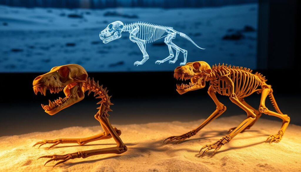 A detailed genetic analysis of two well-preserved Pleistocene-era canine specimens, unearthed from the Siberian permafrost. The subjects, once assumed to be domesticated "Tumat puppies", are revealed through advanced DNA sequencing to be young grey wolves, adapted to the harsh Ice Age climate. In the foreground, a close-up view of the skeletal structure and dental features, illuminated by a warm, natural light. In the middle ground, a transparent 3D model hovers, displaying the genomic data. The background depicts a frozen, snow-covered landscape, hinting at the ancient habitat of these enigmatic "Wolfsjungen".
