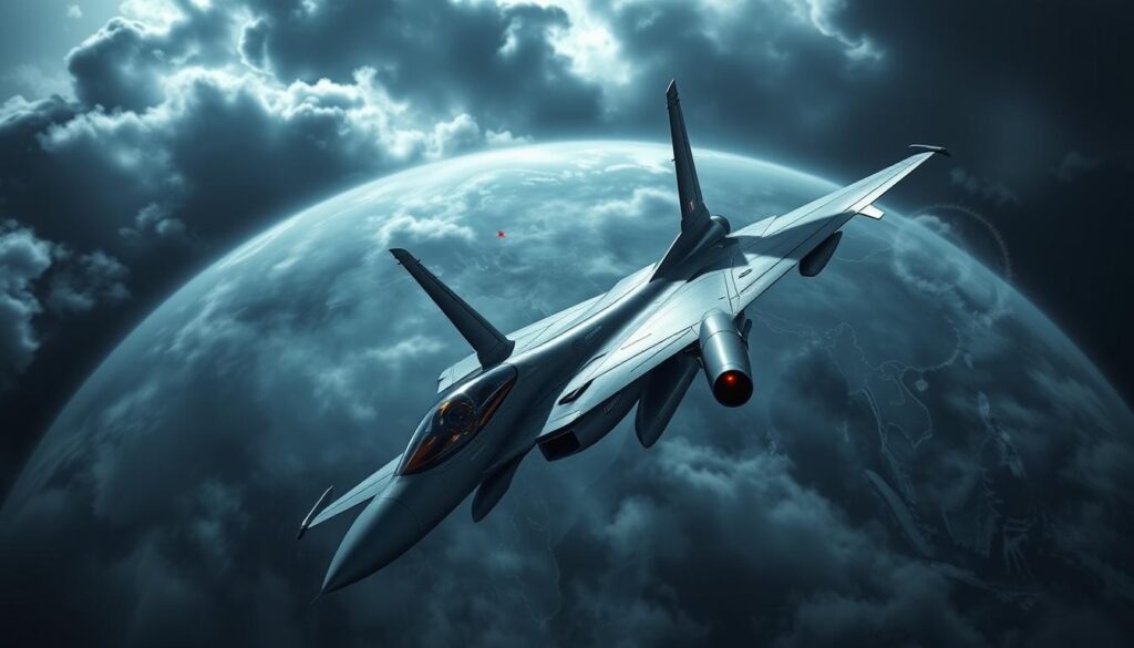 A detailed, high-resolution digital illustration depicting the geopolitical implications of the Shenyang J-35A fighter jet. The image should showcase the J-35A in a commanding aerial posture, surrounded by a global map with political borders and key global power centers highlighted. The J-35A should be rendered with meticulous attention to its sleek, futuristic design, advanced avionics, and powerful engines, conveying a sense of China's technological prowess and military might. The background should feature an ominous, cloud-covered sky, creating an atmosphere of global tension and strategic significance. The overall composition should emphasize the J-35A's potential to shift the balance of power and reshape geopolitical dynamics on the world stage.