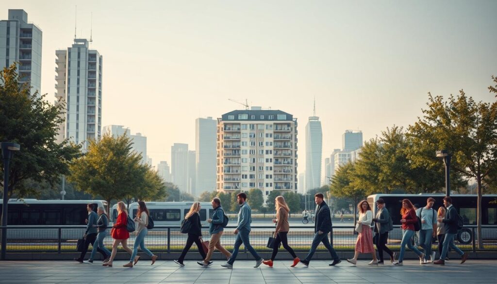 A detailed, high-resolution image depicting the "Entlastungen Pendlerpauschale Mietpreisbremse" concept. The scene shows a peaceful, modern city landscape with skyscrapers and public transportation in the background. In the foreground, a group of diverse commuters are walking along the sidewalk, representing the "Pendlerpauschale" (commuter allowance) aspect. In the middle ground, there is a residential apartment building, symbolizing the "Mietpreisbremse" (rent control) policy. The lighting is soft and diffused, creating a warm, inviting atmosphere. The overall composition conveys a sense of balance, progress, and the government's efforts to provide economic relief and support for its citizens.