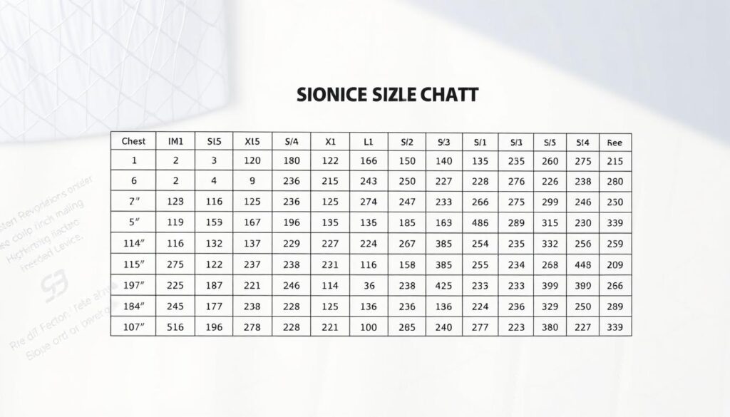 A detailed, high-resolution image of a comprehensive soccer jersey size chart. The chart fills the frame, with a clean, minimalist background that allows the sizing information to be the focal point. The chart presents a range of jersey sizes, showcasing measurements for chest, waist, and height in a clear, organized layout. The chart is captured in natural lighting, with a slight shadows to add depth and dimension. The overall mood is professional and informative, designed to provide the viewer with a useful reference for selecting the appropriate jersey size.