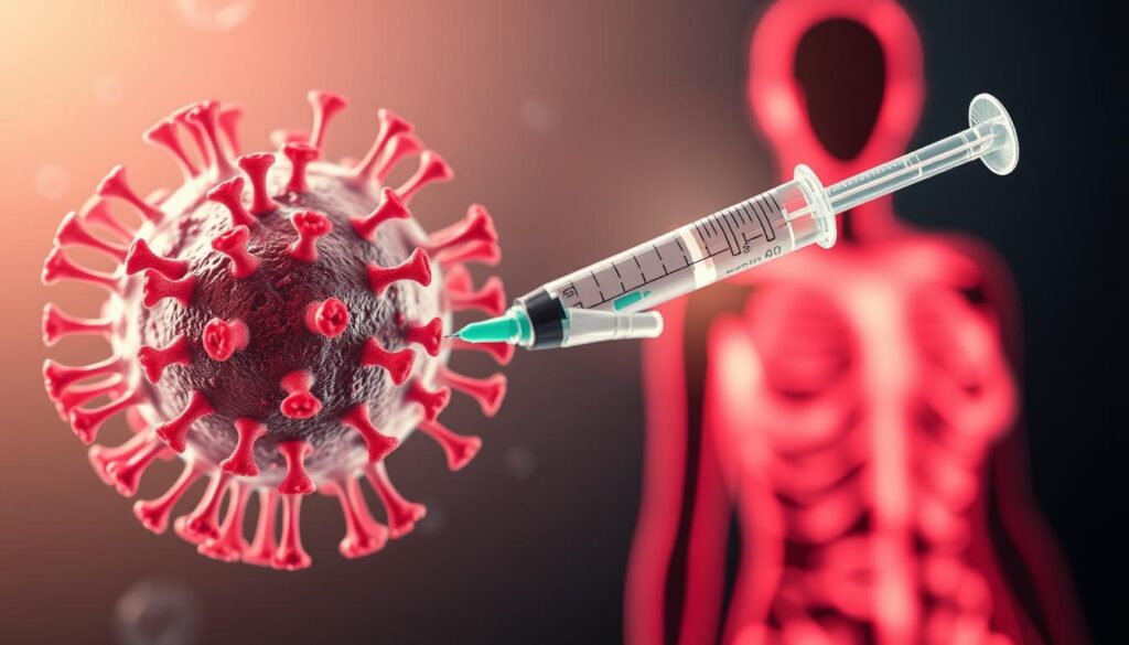 A detailed, high-resolution image of the effects and protection provided by the HPV vaccine. In the foreground, a cross-section of the human papillomavirus (HPV) is prominently displayed, showing its intricate structure and cellular components. In the middle ground, a syringe filled with the HPV vaccine is positioned, conveying the act of inoculation. The background depicts a human figure, representing the recipient of the vaccine, with a glowing aura symbolizing the protective effects. The lighting is soft and diffused, creating a serene and informative atmosphere. The angle is slightly elevated, giving the viewer a sense of understanding and clarity about the subject matter.