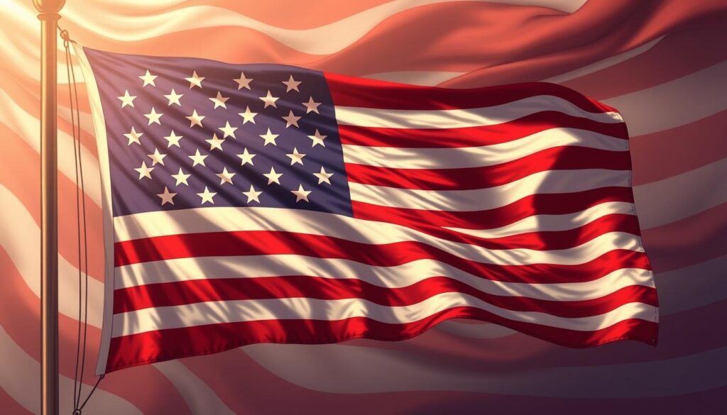 A detailed, historical illustration of the evolution of the American flag, showcasing its iconic design and symbolism. Capture the flag against a softly lit, patriotic backdrop, with subtle visual cues that evoke the flag's long-standing history and significance. Depict the flag in a realistic, high-resolution style, with attention to the precise arrangement of its stars and stripes. Convey a sense of reverence and national pride, while maintaining a clean, minimalist composition that allows the flag to be the central focus.