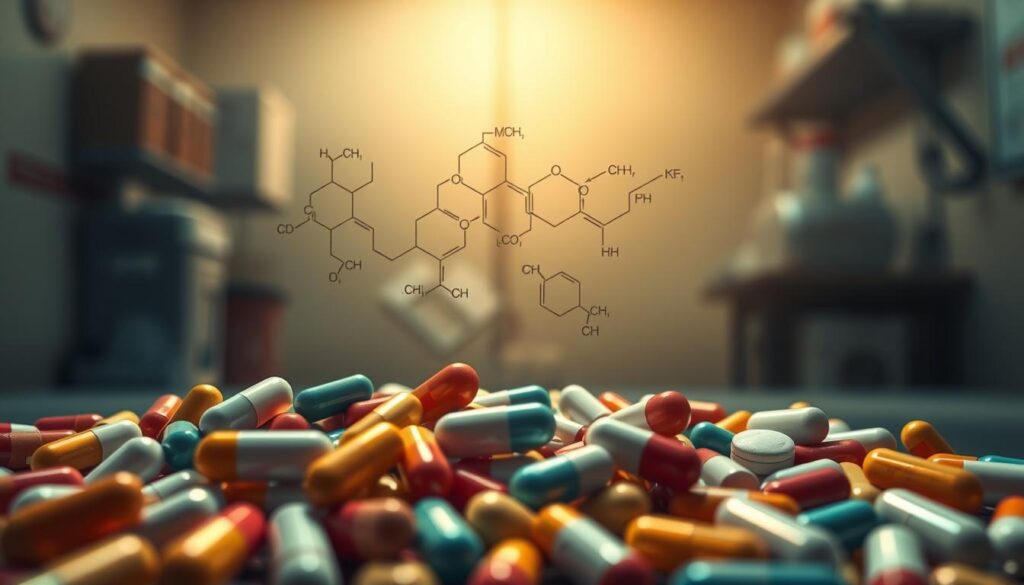 A detailed illustration depicting the interactions and potential conflicts between different medications. In the foreground, a variety of pill capsules and tablets are arranged in a chaotic, overlapping pattern, representing the complex relationships between pharmaceutical compounds. The middle ground features a molecular diagram, showcasing the chemical structures and interactions at a microscopic level. In the background, a blurred, hazy medical setting provides context, with subtle lighting casting dramatic shadows and highlights across the scene. The overall mood is one of scientific intrigue and the need for careful consideration when administering multiple medications.