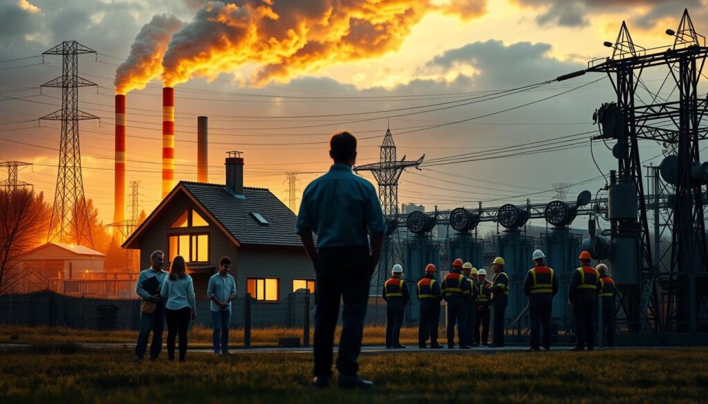 A detailed industrial landscape with a power plant and transmission towers in the background, illuminated by warm, golden sunlight. In the foreground, two contrasting figures - a family standing outside a cozy, well-lit home, and a group of factory workers gathered around a large electrical substation. The scene conveys a sense of tension and debate, hinting at the complex dynamics of energy policy and its impact on both households and industry. The lighting and composition create a thought-provoking, almost cinematic atmosphere, inviting the viewer to ponder the nuances of the "Stromsteuer-Entlastung" issue.