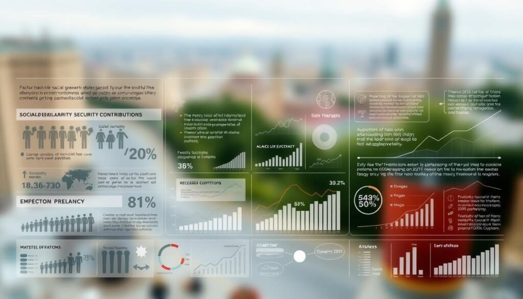 A detailed infographic depicting the demographic development of social security systems. In the foreground, a clear visual representation of the factors and causes behind the rise in social security contributions, such as aging population, increased life expectancy, and changes in employment patterns. The middle ground showcases various data visualizations, charts, and graphs illustrating the historical trends and projections. The background features a subtle, blurred cityscape or landscape, conveying the broader societal context. The overall composition should have a balanced, professional look, with a muted color palette and clean, minimal design elements. Lighting should be soft and evenly distributed, creating a sense of clarity and objectivity.