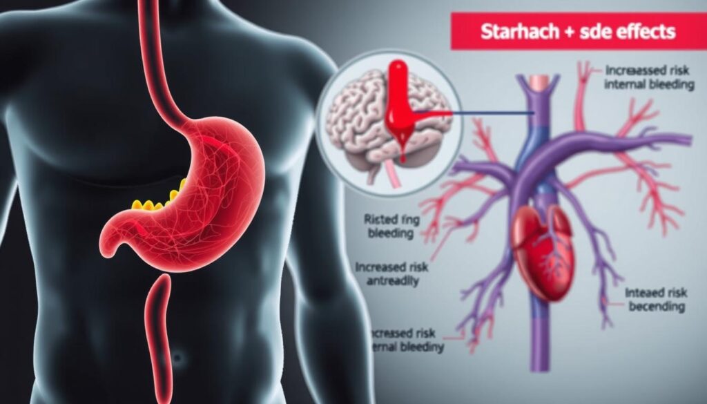 A detailed medical diagram showcasing the potential side effects of aspirin (acetylsalicylic acid or ASS). In the foreground, a close-up view of a human stomach, highlighting irritation and inflammation. In the middle ground, a cross-section of the brain, depicting the risk of bleeding. In the background, a schematic representation of the cardiovascular system, illustrating the increased risk of internal bleeding. The overall tone is clinical and informative, using a muted color palette of greys, blues, and reds to convey the seriousness of the subject matter. The lighting is soft and diffused, creating a sense of depth and dimensionality. The image should serve as a visually compelling reference for the "Risks and Side Effects of Aspirin" section of the article.