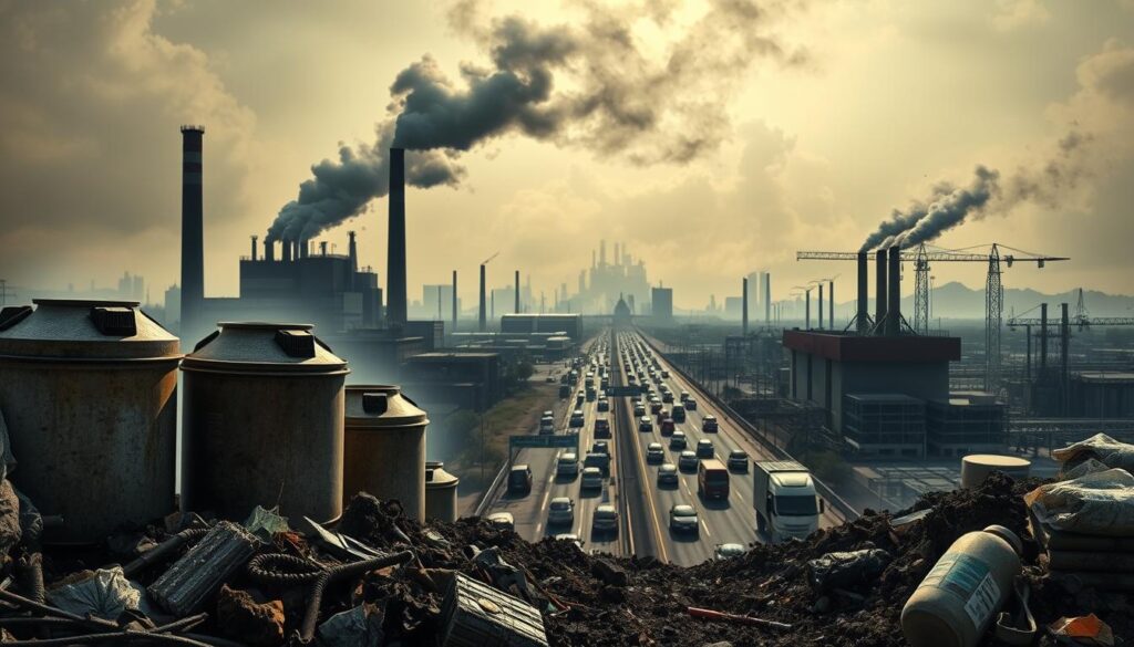 A detailed, photorealistic image depicting the environmental factors and pollutants that can contribute to cancer risk. In the foreground, prominently featured are chemical containers, factory smokestacks, and discarded waste. The middle ground showcases a busy urban landscape with traffic and construction, while the background features a hazy, smog-filled sky. Lighting is moody and dramatic, with harsh shadows and muted tones to convey a sense of foreboding. The overall composition emphasizes the invisible, yet ever-present threats posed by pollution, toxins, and carcinogens in our modern world.