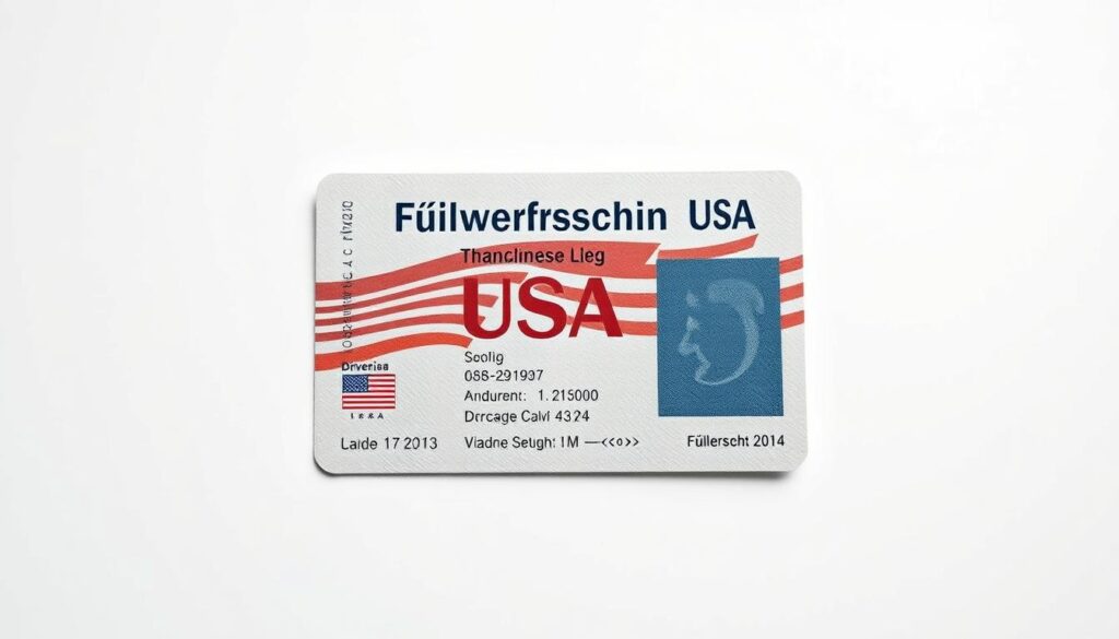 A detailed, photorealistic image of a "Führerschein USA" (U.S. driver's license) against a clean, professional background. The license should be centered and prominently displayed, with a slight angle and drop shadow to create depth and dimension. The overall lighting should be soft and even, with minimal shadows to highlight the important details of the license. The background should be a neutral, minimalist gray or white tone, allowing the license to be the sole focus of the image. The image should convey a sense of authority, credibility, and the importance of the "Führerschein USA" document within the context of the article's section on specific country regulations for the German driver's license.