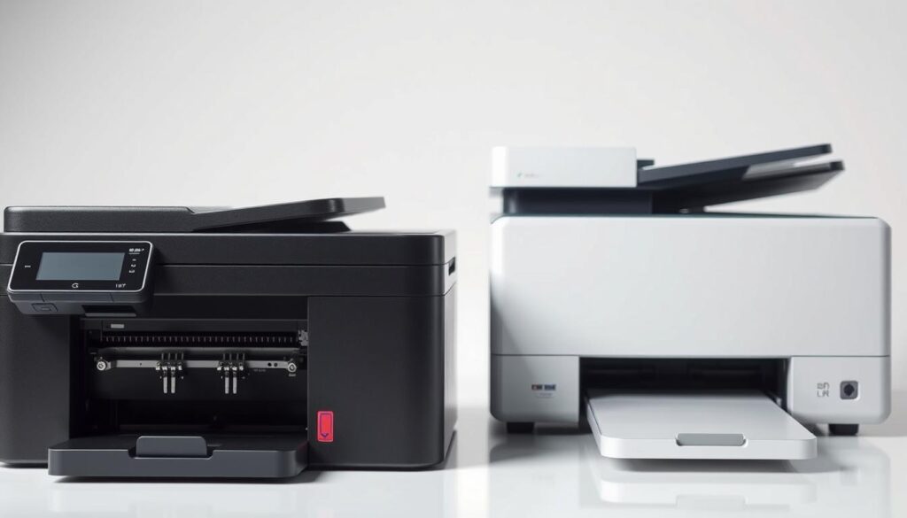 A detailed, side-by-side comparison of a classic ink-jet printer and a modern laser printer, set against a clean, minimalist background. The ink-jet printer, with its intricate nozzle system, takes the foreground, while the laser printer, with its sleek, angular design, occupies the middle ground. Precise lighting highlights the unique textures and materials of each device, showcasing their technological differences. The overall tone is one of scientific objectivity, emphasizing the key distinctions between these two printing technologies and their suitability for different user needs and preferences.
