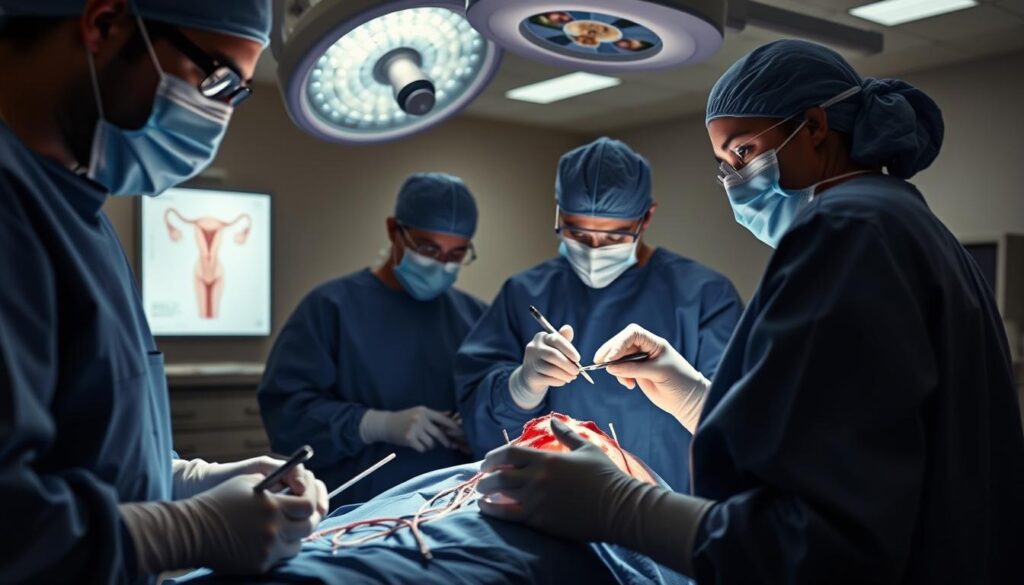 A detailed surgical procedure of a gynecological operation for cervical cancer. In the foreground, a team of surgeons in sterile blue gowns and masks meticulously excising the diseased tissue, using specialized medical instruments. The middle ground shows an anatomy diagram of the female reproductive system, highlighting the location of the cervix. The background depicts a modern, well-lit operating theater with state-of-the-art medical equipment, creating a somber yet reassuring atmosphere. Soft, diffused lighting illuminates the scene, casting subtle shadows that convey the gravity and precision of the procedure. A cinematic, high-resolution wide-angle lens captures the entire scope of the operation.