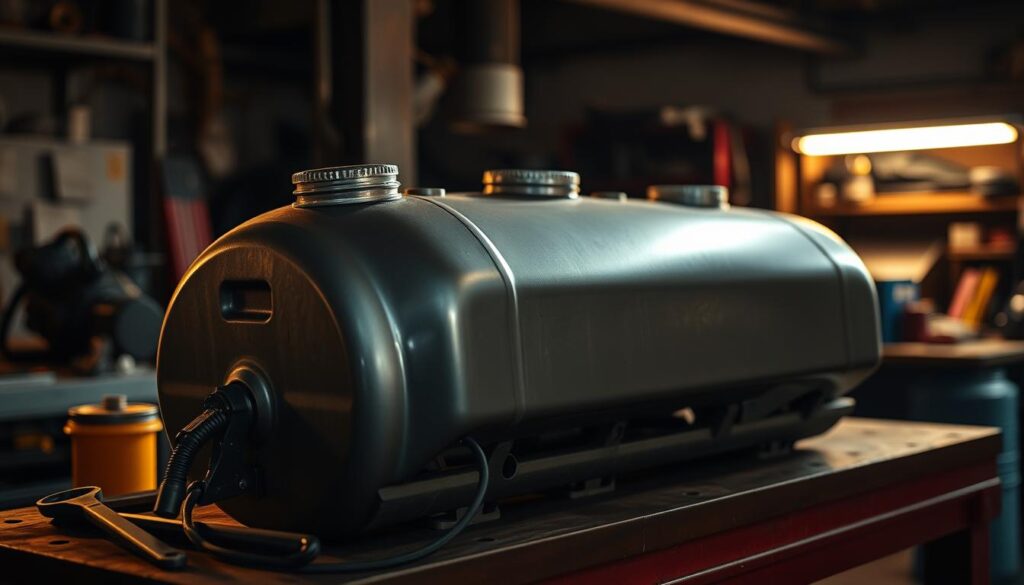 A detailed view of a car's fuel tank, showcased in a dimly lit automotive workshop. The tank is situated on a workbench, with various tools and maintenance supplies nearby. The scene is illuminated by warm, directional lighting, casting subtle shadows and highlights that accentuate the contours and textures of the tank. The background is blurred, but hints at the presence of other vehicle components, creating a focused, technical atmosphere. The overall composition emphasizes the centrality and importance of the fuel tank maintenance process, inviting the viewer to examine the intricate details of this critical automotive system.