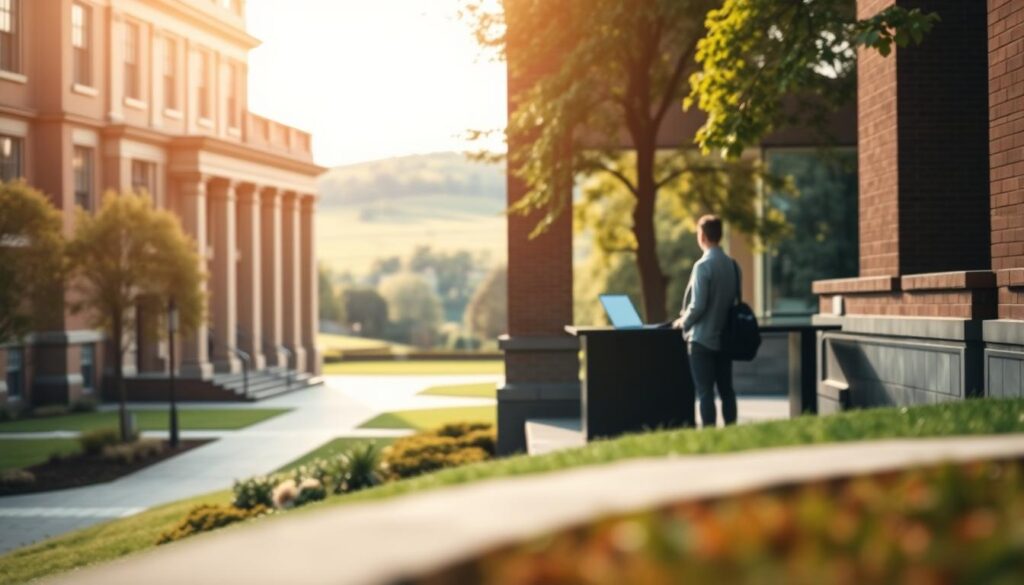 A detailed view of a university campus, with a prominent building in the foreground representing the administration office. In the middle ground, a student stands in front of a desk, engaged in a conversation about tuition fees. The background features a lush green landscape, suggesting the idyllic setting of the campus. The lighting is soft and warm, creating a welcoming atmosphere. The overall composition conveys the idea of bureaucratic processes and financial obligations associated with higher education, while the natural setting reflects the wider context of the university experience.