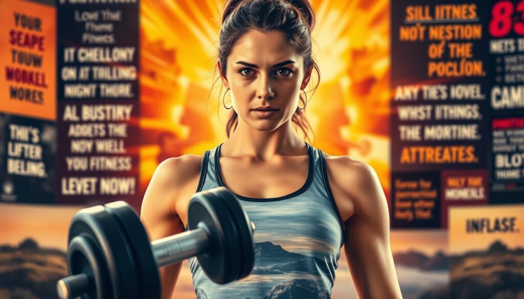 A determined young woman, Jo, stands resolute against a backdrop of dynamic energy and vibrant hues. Her expression exudes a sense of purpose, her gaze unwavering, as she faces the challenges of her fitness journey. The scene is bathed in warm, golden light, lending an aura of determination and optimism. In the foreground, a dumbbell rests, symbolizing the physical and mental strength she has cultivated. The middle ground features a blurred, yet empowering landscape, hinting at the obstacles she has overcome. The background showcases a kaleidoscope of motivational imagery, including motivational quotes and inspiring visuals, creating an atmosphere of encouragement and self-belief. This image captures the essence of Jo's unwavering motivation and her dedication to her personal growth and transformation.