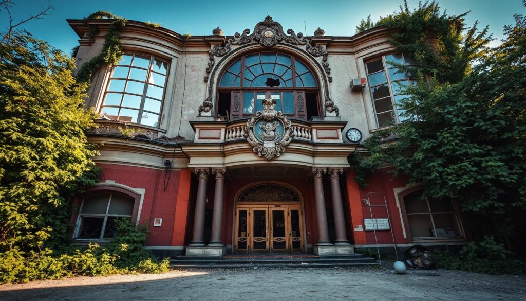 A dilapidated casino stands abandoned, its once-grand facade crumbling under the weight of neglect. Overgrown foliage creeps across the weathered walls, hinting at the passage of time. Shattered windows and peeling paint evoke a sense of melancholy, as if the building itself is mourning its lost splendor. The grand entryway, once a symbol of opulence, now lies in ruin, its ornate details obscured by the encroaching shadows. Sunlight filters through the decaying structure, casting a haunting glow that highlights the decay and desolation. This once-vibrant hub of entertainment has been reclaimed by nature, a testament to the fleeting nature of human endeavors. The Cazino din Constanța, a lost place frozen in time, stands as a poignant reminder of the fragility of our constructed environments.