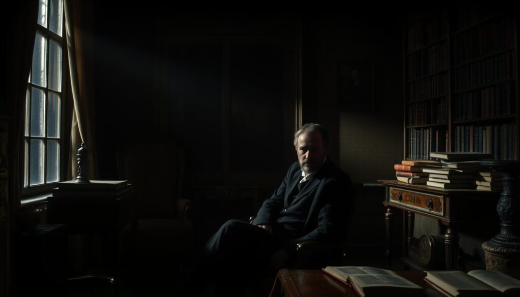 A dimly lit, 19th-century interior scene depicting Kaspar Hauser, the mysterious figure whose origins were long disputed. Hauser sits pensively, his face partially obscured by shadows, as he ponders the controversial "Prinzentheorie" surrounding his potential royal lineage. The room is adorned with antique furniture and books, hinting at an academic or scholarly atmosphere. Dramatic chiaroscuro lighting casts dramatic shadows, imbuing the scene with an air of mystery and intrigue. The overall composition evokes the sense of a historical investigation into Hauser's enigmatic past and the theories that sought to unravel the truth behind his perplexing identity.