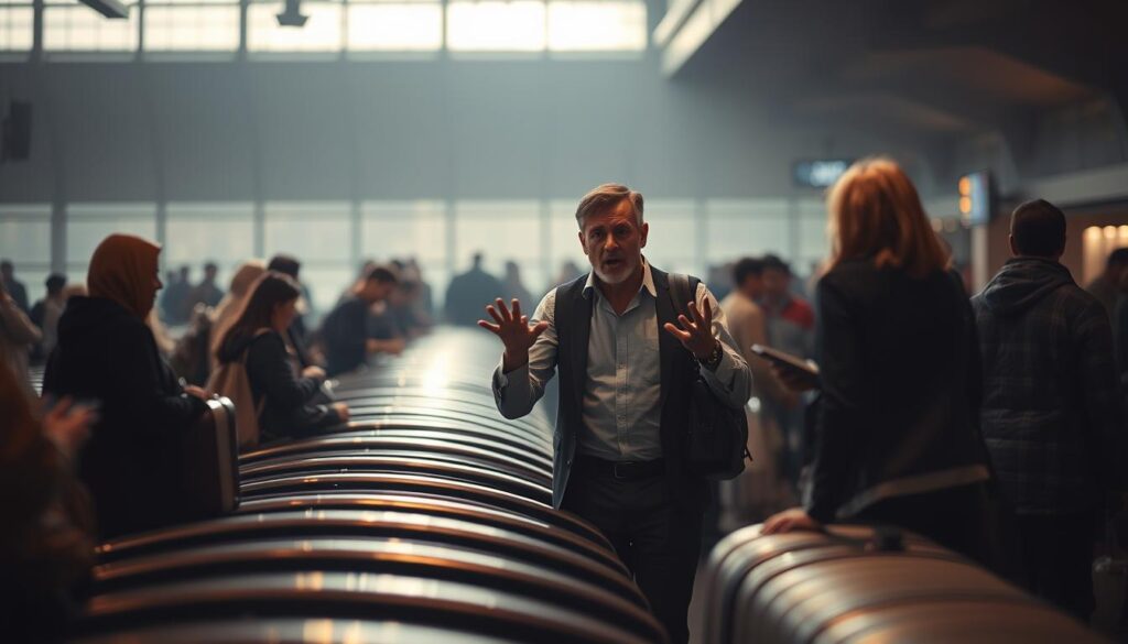 A dimly lit airport terminal, luggage carousels in the foreground, passengers anxiously waiting for their bags. In the middle ground, a distressed traveler gesturing animatedly, engaging with an airline representative, illustrating the rights outlined in the Montréal Convention regarding baggage problems. The background is hazy, evoking a sense of bureaucratic limbo, the traveler's frustration palpable. Soft, directional lighting casts dramatic shadows, highlighting the tension of the scene. The composition is balanced, drawing the viewer's eye to the central interaction, the passenger's rights taking center stage.