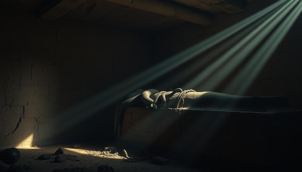 A dimly lit, ancient Egyptian tomb, the air thick with the musty scent of decay. In the corner, a dark, mottled growth crawls across the crumbling stone, tendrils of fungus snaking across the surface. The sarcophagus, once grand and imposing, now half-obscured by the encroaching Schimmelpilz, a silent testament to the passage of time and the consequences of disturbing the final resting place of the pharaoh. Shafts of otherworldly light pierce the gloom, casting an eerie, foreboding glow that heightens the sense of unease. The scene exudes an aura of mystery and the unseen, hinting at the superstitions and supernatural beliefs that may have surrounded the pharaoh's curse.