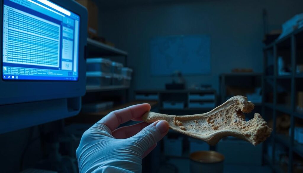 A dimly lit archaeological laboratory, with shelves of scientific equipment and samples. In the foreground, a researcher carefully handling a delicate bone fragment, its surface etched with microscopic markings. Overhead, a state-of-the-art DNA sequencing machine casts a soft blue glow, its screen displaying a complex genetic sequence. In the background, a map of the Nile Delta region hangs on the wall, hinting at the historical significance of the findings. The atmosphere is one of quiet contemplation and the pursuit of knowledge, as the researcher unravels the secrets of the past through the analysis of ancient DNA.