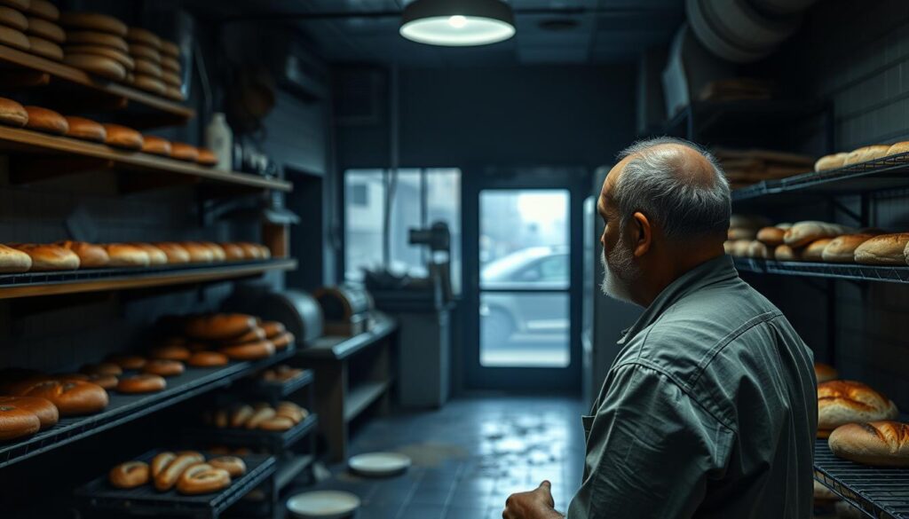 A dimly lit bakery interior, the countertops cluttered with unsold loaves and pastries. In the foreground, a weary-looking baker, hands calloused from endless hours of kneading dough, gazes out at the empty storefront. The once-bustling workspace now echoes with the eerie silence of a struggling industry, a reflection of the dwindling demand for traditional baked goods. The background is hazy, suggesting the burden of rising costs and labor shortages that cast a pall over the once-thriving craft. The scene evokes a sense of melancholy and the gradual erosion of a beloved local tradition.