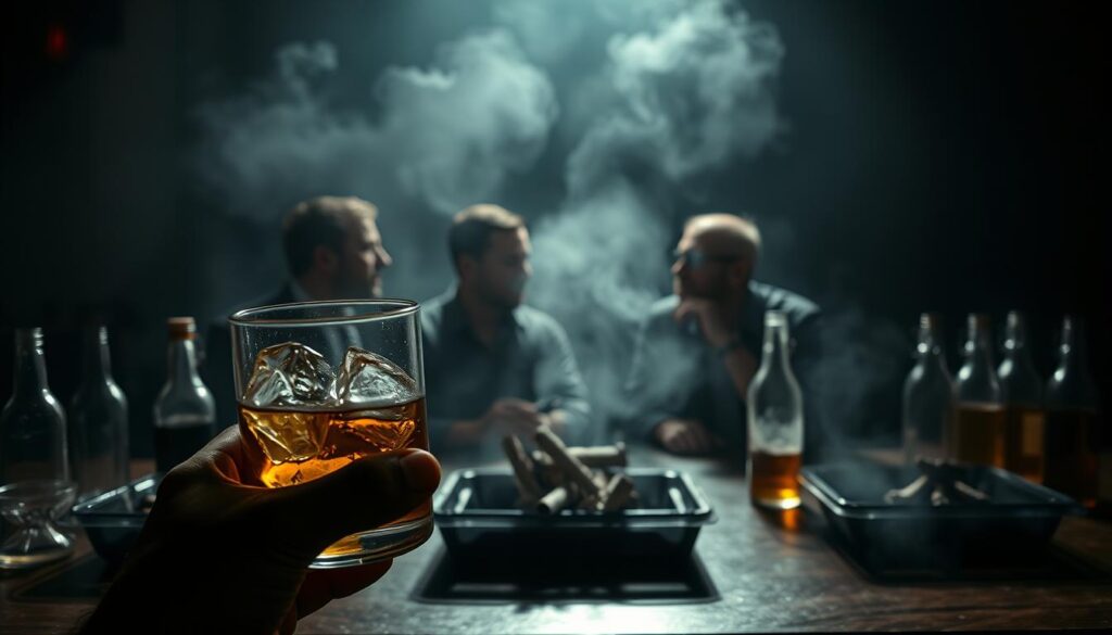 A dimly lit bar scene, with a hazy, smoke-filled atmosphere and a sense of melancholy. In the foreground, a hand holds a glass of whiskey, ice cubes clinking, against a backdrop of overflowing ashtrays and half-empty beer bottles. The middle ground features a group of men, their faces obscured, engaged in a somber, introspective conversation. The background is blurred, casting a gloomy, introspective mood over the entire scene. Dramatic chiaroscuro lighting casts deep shadows, highlighting the hazardous nature of the depicted habits. The overall composition conveys the grave consequences of excessive tobacco and alcohol consumption.