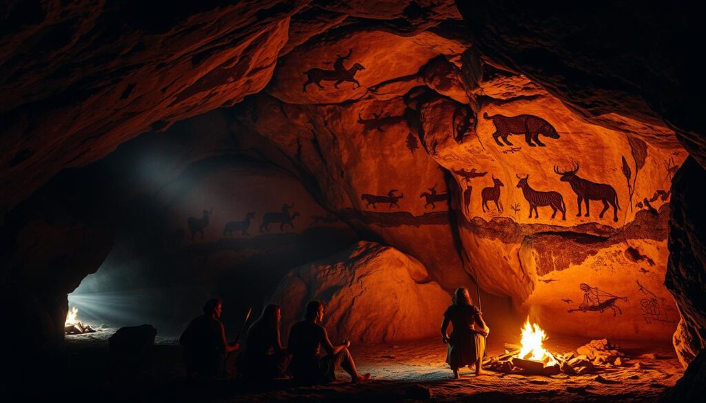 A dimly lit cave interior, the walls adorned with intricate Paleolithic cave paintings. In the foreground, a group of Neolithic humans gathered around a fire, transfixed by the vibrant ochre and charcoal depictions of wild animals, hunters, and abstract symbols. The middle ground reveals the depth of the cavern, its rugged stone surfaces illuminated by flickering firelight, casting dramatic shadows. In the background, a distant natural light source filters in, casting a warm glow and hinting at the world beyond. The scene conveys a sense of reverence, as these early humans immerse themselves in the artistic expression and spiritual rituals of their Stone Age culture.