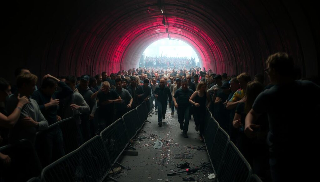 A dimly lit, chaotic tunnel scene, with panicked figures rushing through a narrow passage. The claustrophobic atmosphere is heightened by the dim, reddish lighting and the pressing, disoriented crowd. Twisted metal barriers and debris litter the ground, creating obstacles in the path of the fleeing people. In the background, a crush of bodies pushes towards the distant exit, faces contorted in fear and desperation. The scene conveys the unbearable tension and tragedy of the 2010 Loveparade disaster, a haunting reminder of the fragility of large-scale events.