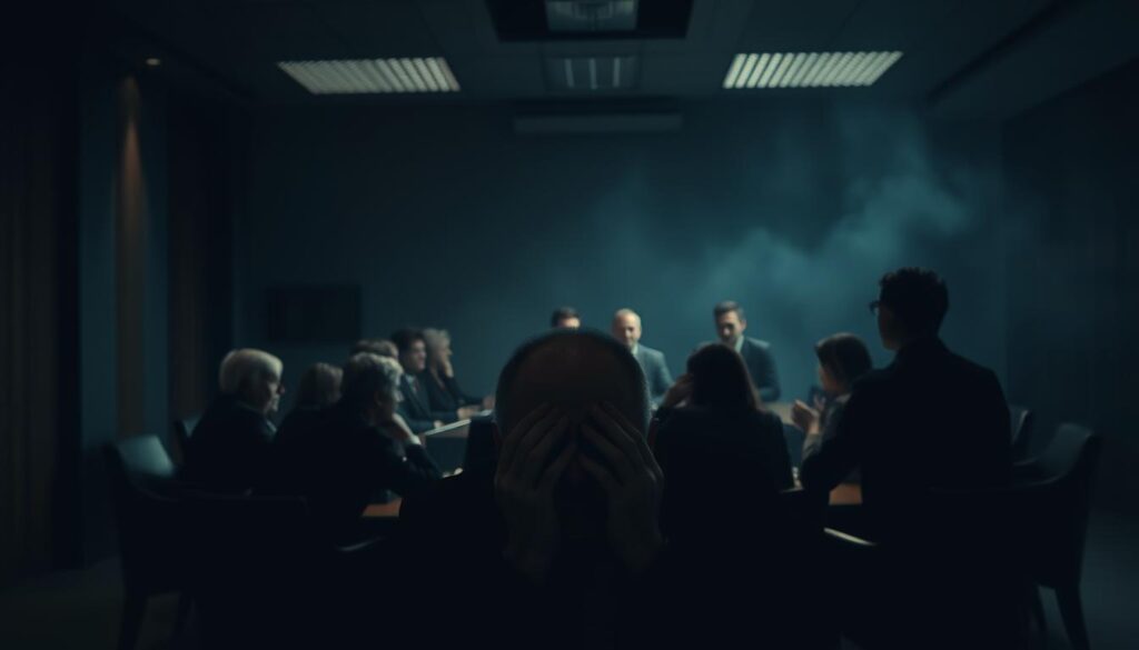 A dimly lit corporate boardroom, the tension palpable. In the foreground, a weary-eyed executive, head in hands, surrounded by a somber atmosphere. In the middle ground, a group of stakeholders engaged in a heated discussion, gesticulating with urgency. The background is hazy, suggesting a sense of unease and uncertainty. Dramatic chiaroscuro lighting casts dramatic shadows, heightening the drama. The overall mood is one of conflict, stress, and the weight of difficult decisions. A powerful snapshot of a leadership crisis unfolding.