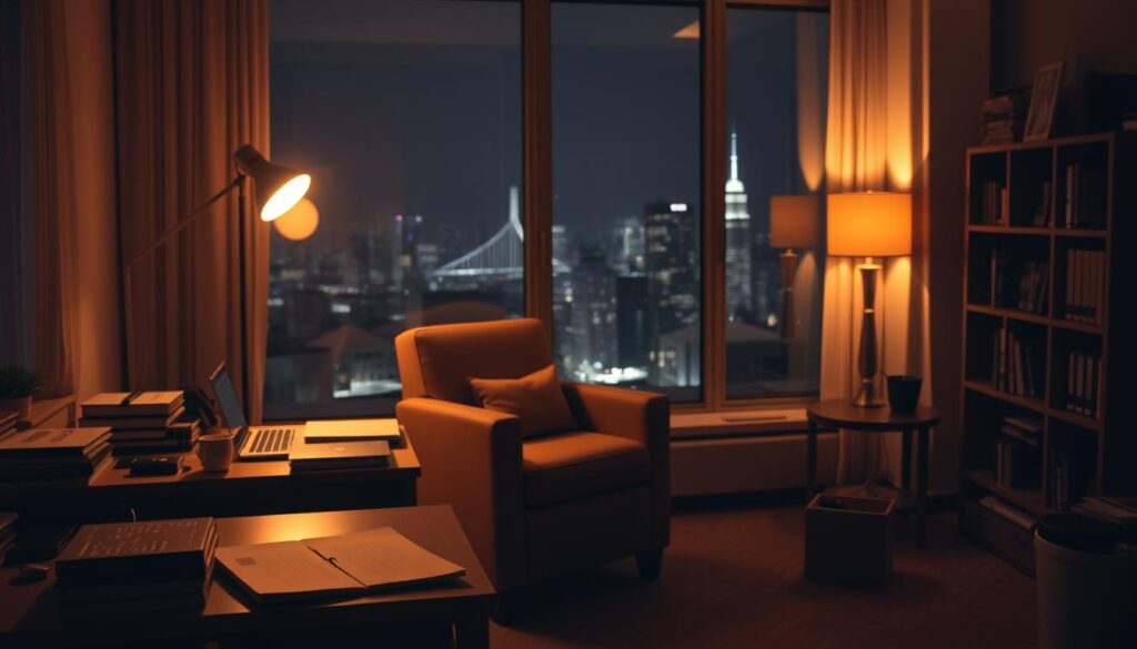 A dimly lit, cozy study space with a flexible study schedule. In the foreground, a student sitting at a well-organized desk, surrounded by books, laptops, and a warm desk lamp. The middle ground features a comfortable armchair and a side table with a mug of steaming coffee, suggesting the ability to take breaks. In the background, a large window overlooking a city skyline at night, creating a sense of tranquility and the possibility of studying at any hour. The lighting is soft and inviting, with a warm, amber glow casting a serene atmosphere. The overall scene conveys the idea of a flexible, personalized learning environment that caters to the student's needs and preferences.