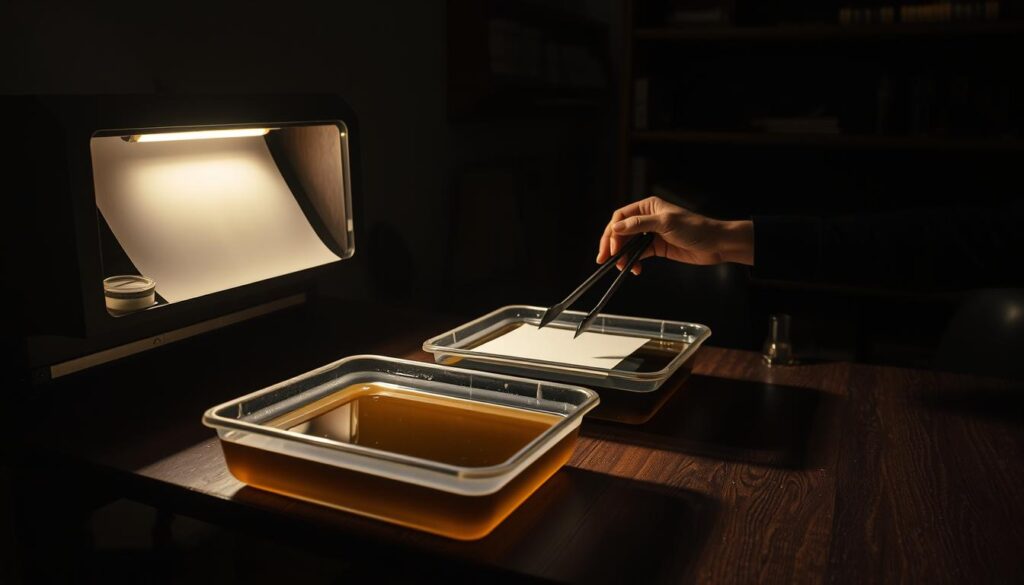 A dimly lit darkroom, trays of developer and fixer solutions resting on a worn wooden counter. An enlarger casts a soft glow, its lens focused intently on a sheet of photographic paper. Hands carefully manipulate tongs, dipping the paper into the chemical baths, coaxing out the latent image. The air is thick with the scent of photo chemicals, the only sound the gentle agitation of the tray. In the background, shelves hold neatly organized rolls of film, the tools of the analog photography trade. This is the scene of the perfect photo development, a master at work, guiding light and chemistry to create a timeless image.