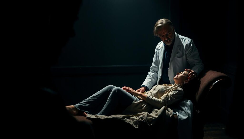 A dimly lit examination room, where a stern-faced physician, garbed in a crisp white coat, intently examines a young woman reclining on a chaise. Her expression conveys a mixture of distress and vulnerability, as the doctor's probing gaze seeks to diagnose her "hysteria." The scene is bathed in a somber, almost oppressive atmosphere, reflecting the prevailing medical attitudes of the 18th and 19th centuries towards women's mental and physical health. Shadows creep along the walls, casting an air of mystery and unease, as the power dynamics between doctor and patient are subtly, yet powerfully, conveyed.