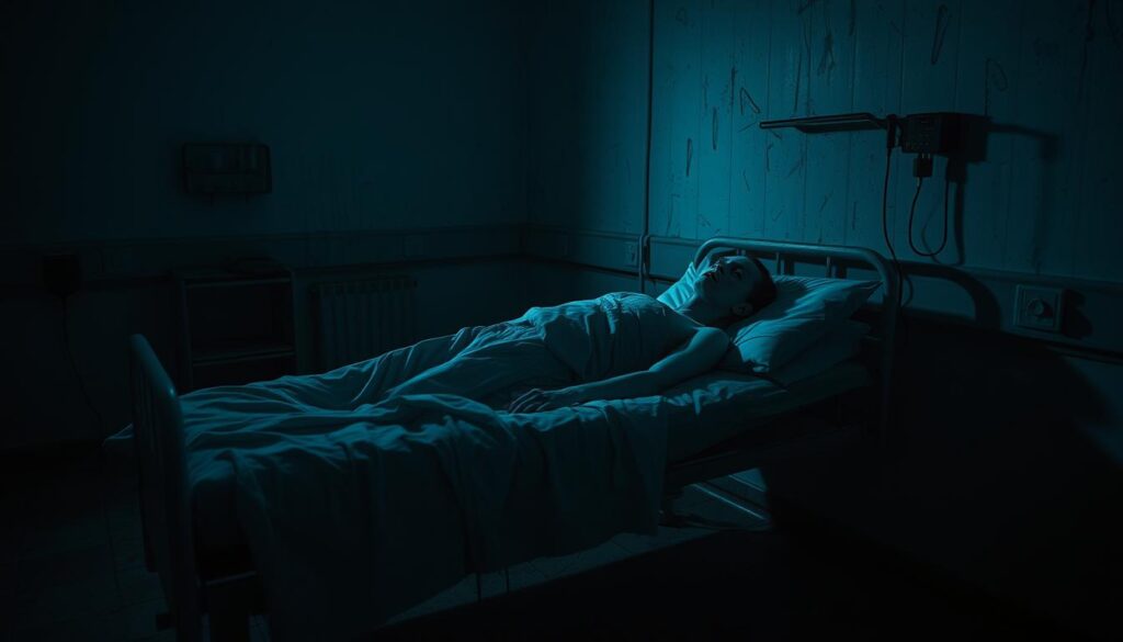A dimly lit, grungy hospital room, with a lone patient lying motionless on a dilapidated bed. Their sunken, pallid features convey a haunting detachment from reality, a disturbing conviction that they are, in fact, deceased. The room is shrouded in an eerie, bluish hue, casting long, unsettling shadows that seem to cling to the walls, heightening the sense of isolation and despair. The atmosphere is oppressive, unsettling, and deeply psychological, reflecting the torment of Cotard's Syndrome - the belief that one has died or no longer exists.