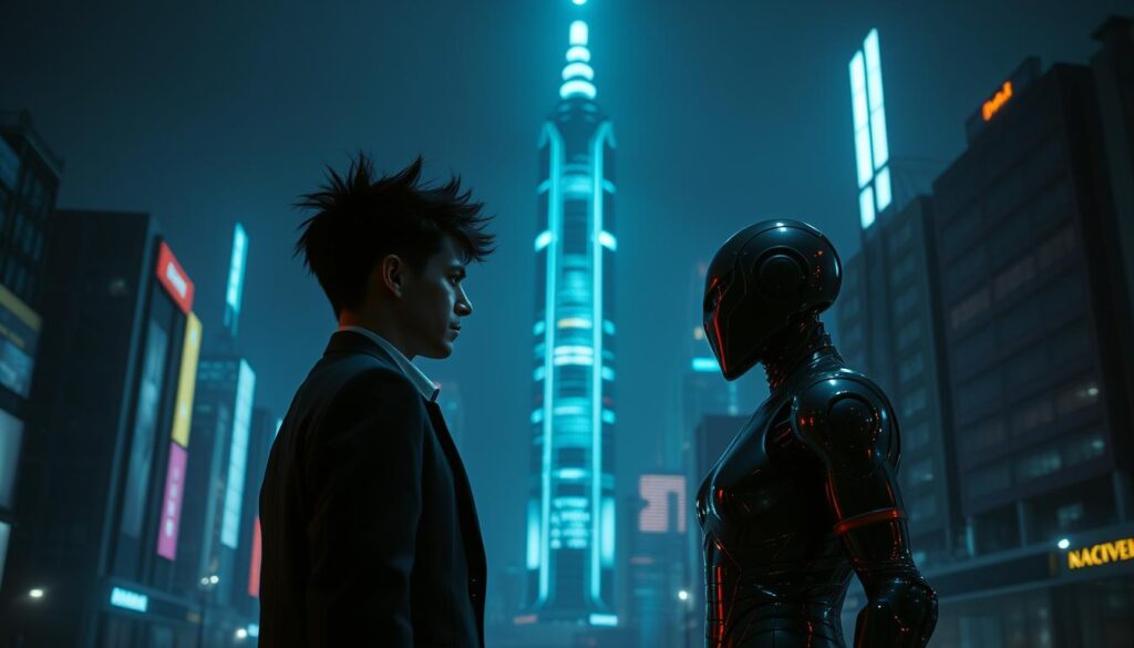 A dimly lit, high-contrast scene set in a futuristic cityscape. In the foreground, two figures - one with a distinctive hairstyle and business attire, the other with a sleek, metallic appearance - stand facing each other, their expressions tense and guarded. The middle ground features a towering, neon-lit skyscraper in the background, casting an eerie glow over the scene. The atmosphere is charged with a sense of uncertainty, as if the fate of this peculiar relationship hangs in the balance, casting a long shadow over the future.