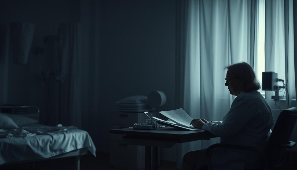 A dimly lit hospital room, crisp white sheets and medical equipment casting long shadows. In the foreground, a doctor sits at a desk, brow furrowed as they review paperwork, representing the complexities of healthcare bureaucracy. The patient, sitting across, listens intently, uncertainty flickering in their eyes. Muted tones convey the gravity of the situation, a visual metaphor for the delicate dance of Einzelfallentscheidungen - individual case-by-case decisions on cost coverage. The image evokes the tension and nuance inherent in navigating the healthcare system, where exceptions and exclusions must be carefully weighed.