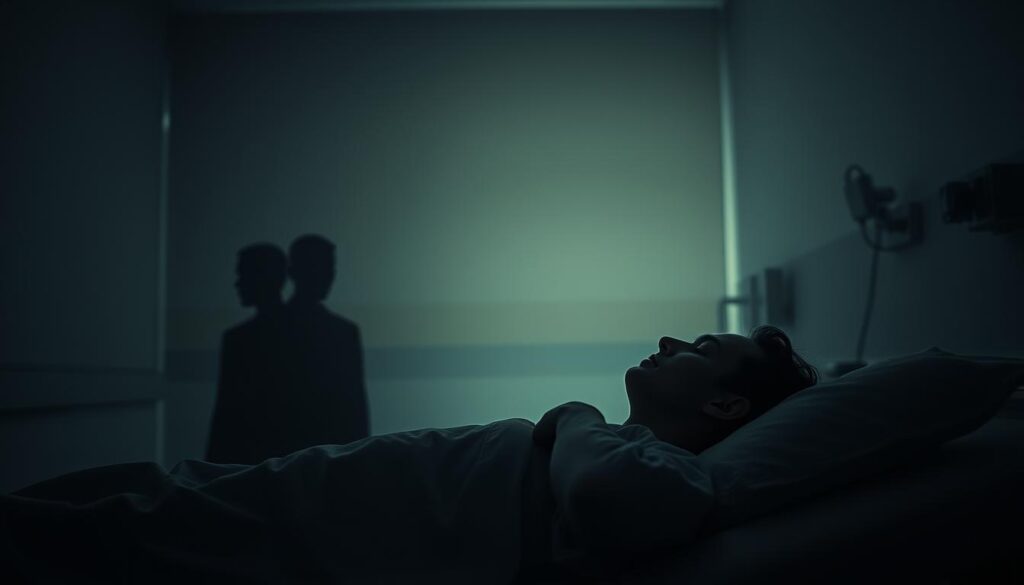A dimly lit hospital room, the walls painted in muted tones. In the foreground, a figure lies in a hospital bed, their eyes closed, their expression serene yet pensive. Shadowy figures linger in the background, hinting at the psychological and neurological complexities underlying Cotard's syndrome. Diffused lighting casts a somber, introspective atmosphere, drawing the viewer's attention to the subject's internal struggle. The scene conveys a sense of isolation and disconnection from the physical world, reflecting the delusions and detachment experienced by those afflicted with this condition. The composition emphasizes the subject's isolation and the unseen forces that shape their perceptions of reality.