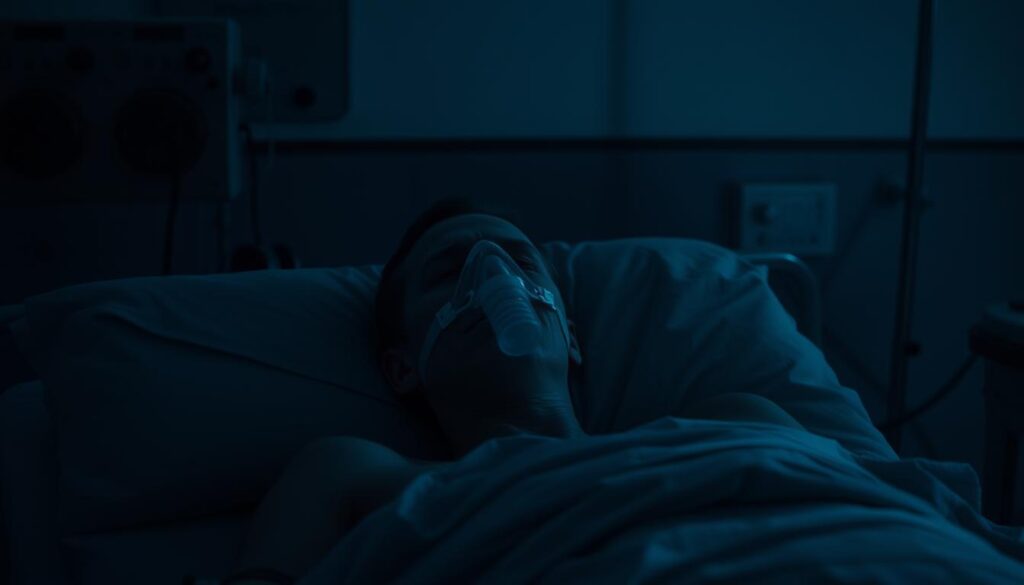 A dimly lit hospital room, with a single patient lying in a hospital bed, their face partially obscured by an oxygen mask. The room is bathed in a soft, bluish light, casting long shadows and creating an unsettling atmosphere. The patient's skin appears pale and gaunt, their expression one of discomfort and unease. In the background, medical equipment beeps and hums, hinting at the severity of the patient's condition. The scene conveys a sense of isolation and the weight of the new Stratus variant's impact on the individual. Diffused, moody lighting; high-contrast shadows; a focus on the patient's expression and medical details.
