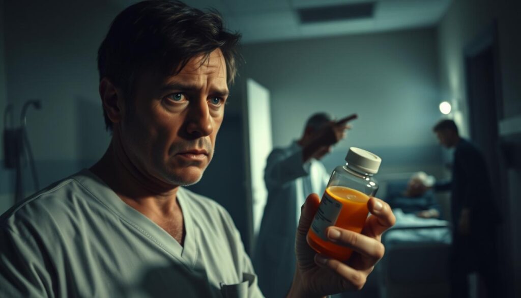 A dimly lit hospital ward, the air heavy with the scent of disinfectant. In the foreground, a concerned patient holds a bottle of antibiotics, their expression a mix of uncertainty and trepidation. The middle ground depicts a doctor shaking their head, a gesture of caution and warning. In the background, a hazy silhouette of a person lies in a hospital bed, a reminder of the potential consequences of antibiotic misuse. The lighting is subdued, casting long shadows and creating a somber, cautionary atmosphere. The scene conveys the risks and dangers associated with the overuse and misuse of antibiotics, a critical message for the article's readers.