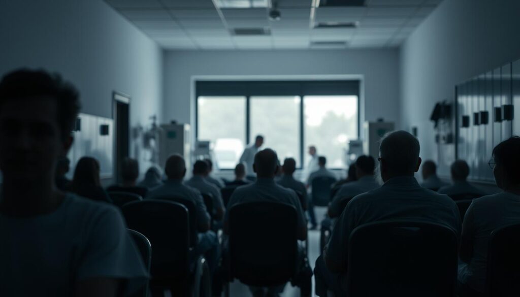 A dimly lit hospital ward, the walls a sterile white. In the foreground, patients sit in chairs, their faces etched with a mix of hope and trepidation. The middle ground is a hazy blur of medical equipment and staff, conveying the sense of a bustling but somber atmosphere. In the background, a large window offers a glimpse of the outside world, a contrast to the confined space. The lighting is soft, creating shadows that lend an air of introspection to the scene. The overall tone is one of quiet contemplation, as patients share their personal experiences and stories.