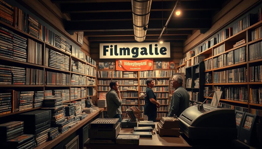 A dimly lit interior of a classic video rental store, the "Filmgalerie", showcasing rows of VHS tapes and DVDs against weathered wooden shelves. The counter in the foreground is cluttered with retro media players and a vintage cash register, hinting at a bygone era. Soft, warm lighting casts a nostalgic glow, while a few dedicated patrons browse the extensive selection, immersed in the tactile experience of physical media. The atmosphere is one of quiet contemplation, a testament to the enduring appeal of the neighborhood video store in the age of streaming.