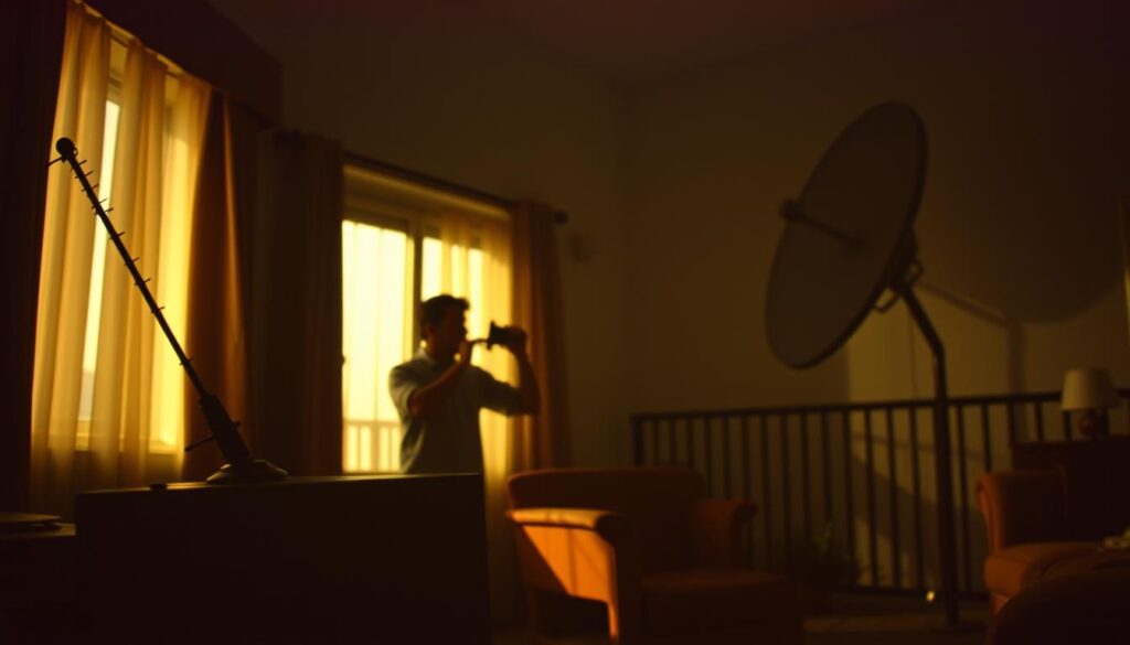 A dimly lit living room in the 1980s, showcasing the various methods for achieving optimal TV reception. In the foreground, an old-fashioned rabbit-ear antenna sits atop a wooden console television, its adjustable prongs reaching towards the window. In the middle ground, a person carefully manipulates a manual rotary dial, fine-tuning the channel. In the background, a large, hulking satellite dish protrudes from the balcony, casting a long shadow across the room. The lighting is warm and hazy, evoking a sense of nostalgia and the challenges of the analog era. The scene is captured with a vintage lens, adding a soft, slightly distorted quality to the image.